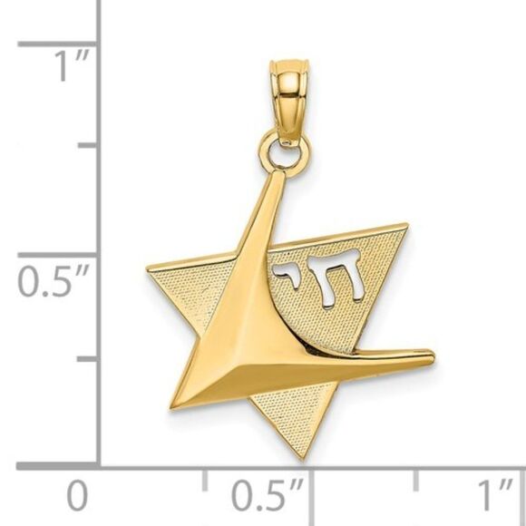 14K Polished Star Of David with Chai Charm - Picture 3 of 10